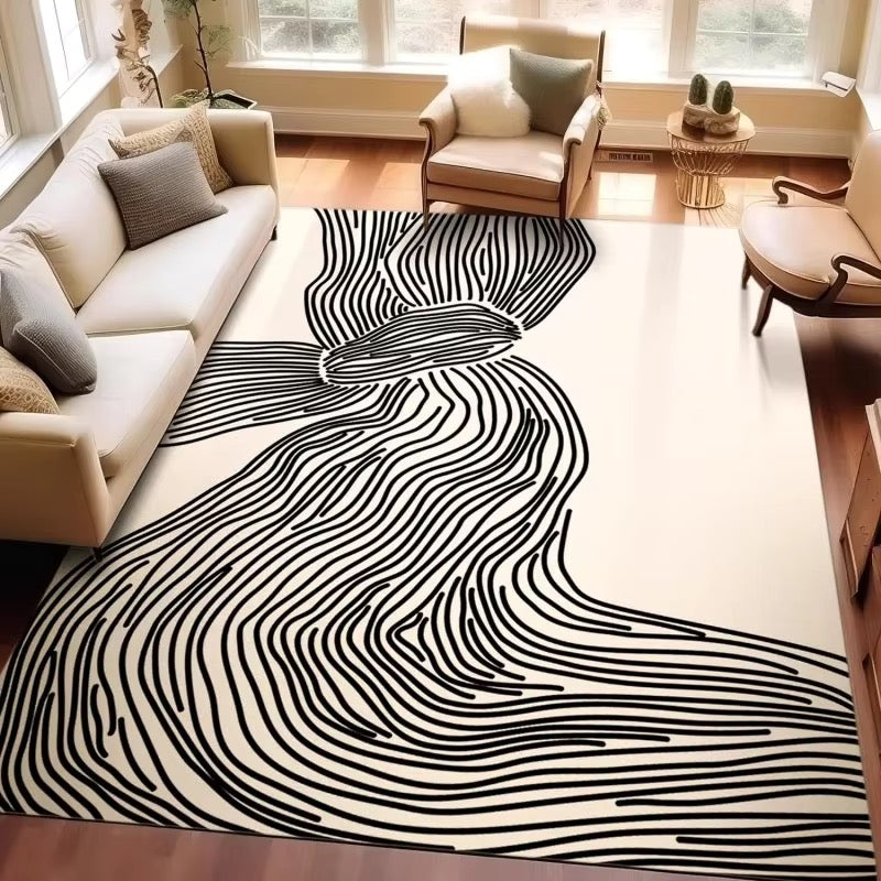 Brea Area Rug for modern, Nordic, Scandinavian, and minimalist home decor. Timeless black and cream colored area rug for living room, dining room, bedroom, office, or study available in various sizes.