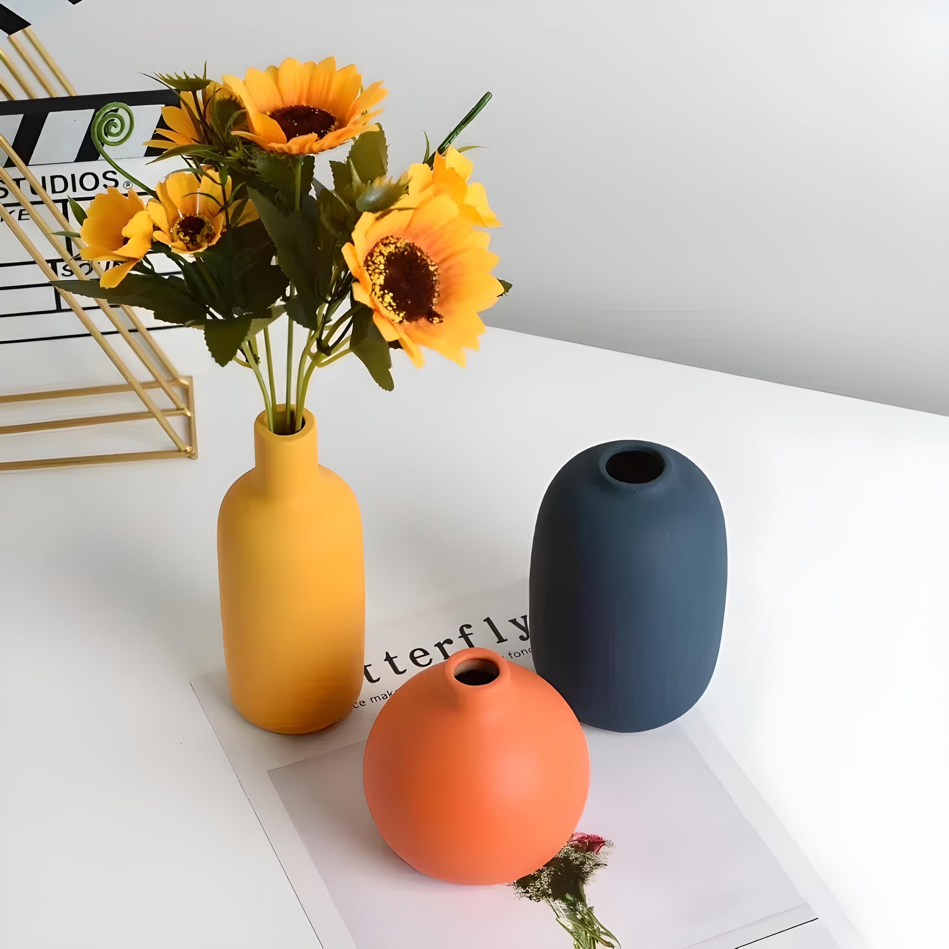 Lamont vase home decor. Nordic, Scandinavian, Modern decor. Blue, yellow, and orange colored vases for table centerpiece, living room.