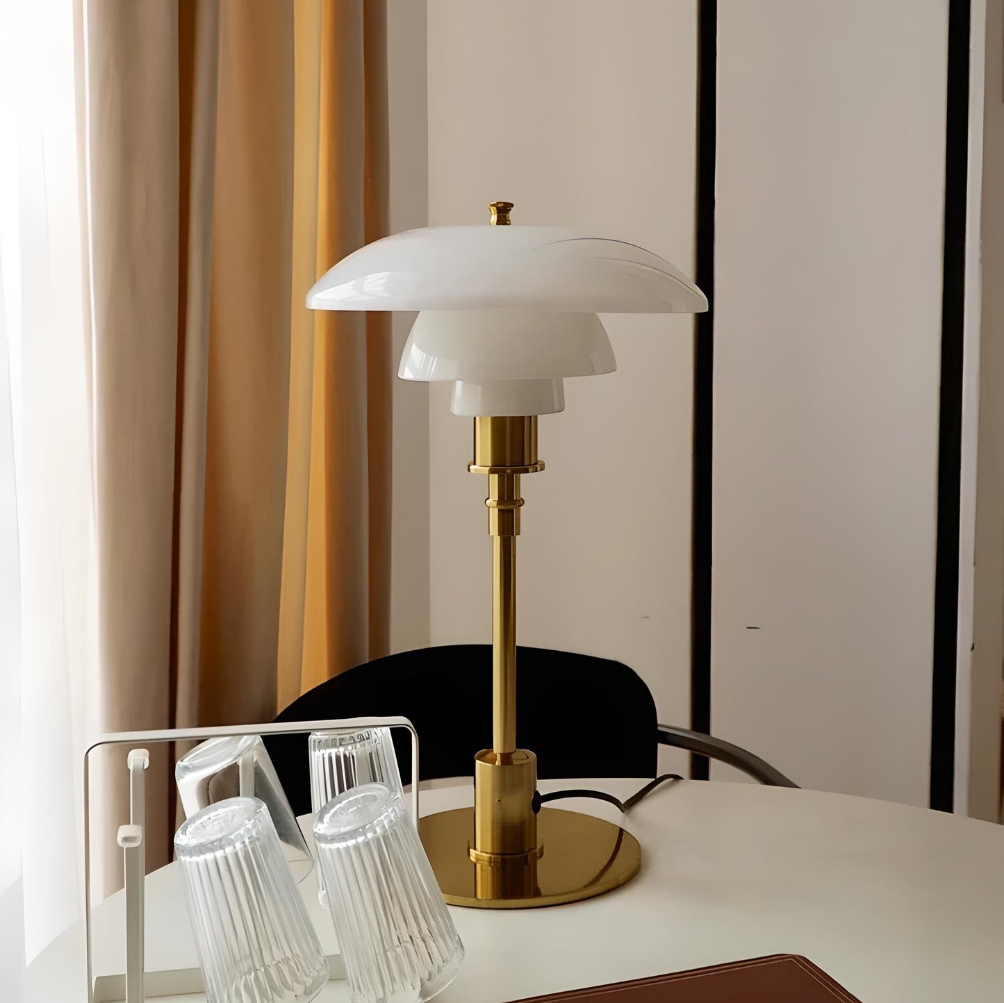 Maisie table lamp for living room, home office, bedroom, or accent lighting. Modern home decor accessory and lighting. White/Gold color.