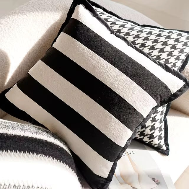 Ozias throw pillow cover for accent pillows and home decor. Classic black and white colors and patterns.