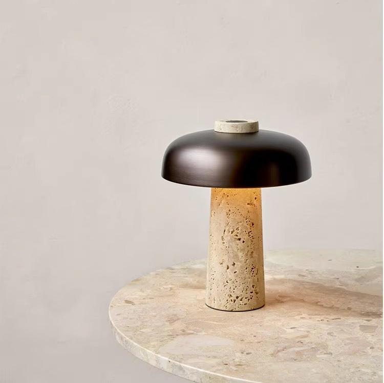 Reina table lamp home decor and lighting. Nordic, Scandinavian, Mid-Century modern decor. Stone base, black metal top.