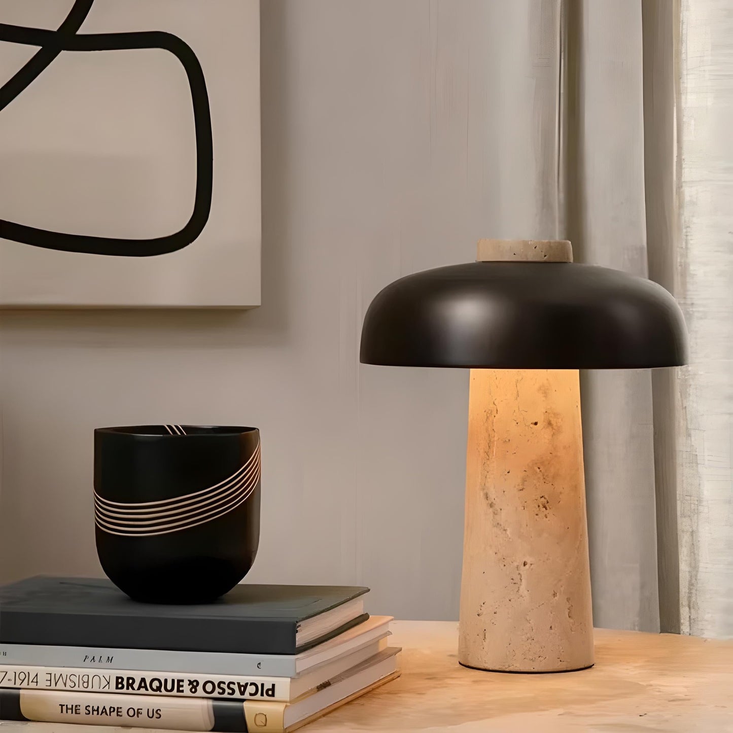 Reina table lamp home decor and lighting. Nordic, Scandinavian, Mid-Century modern decor. Stone base, black metal top.