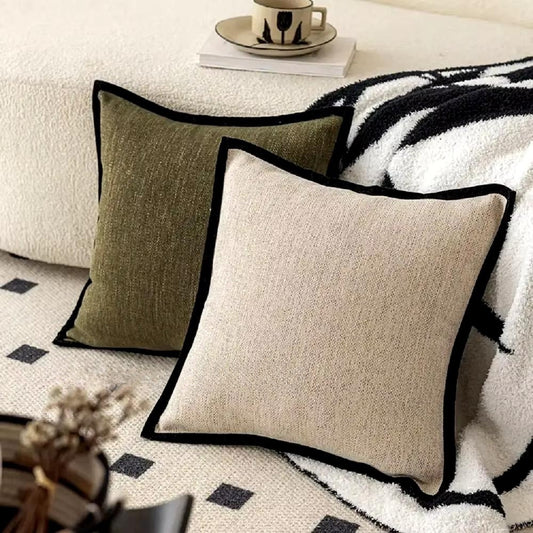 Upton Throw Pillow Cover for couch or sofa. Accent pillows for home decor. Green color with black border. Cream color with black border.