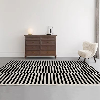 Vida Area Rug. Modern minimalist design area rug with classic black and cream lines. Area rug for living room, dining room, bedroom, study, or office home decor.