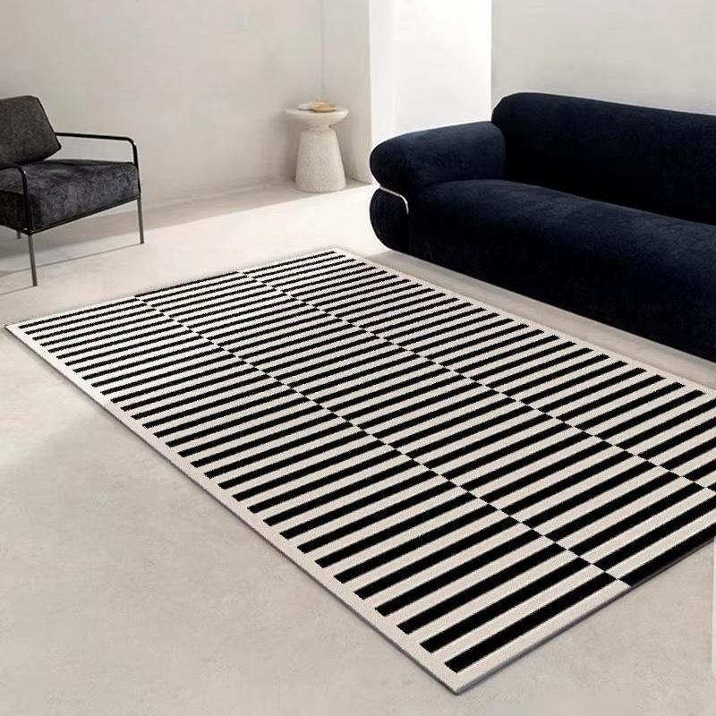 Vida Area Rug. Modern minimalist design area rug with classic black and cream lines. Area rug for living room, dining room, bedroom, study, or office home decor.